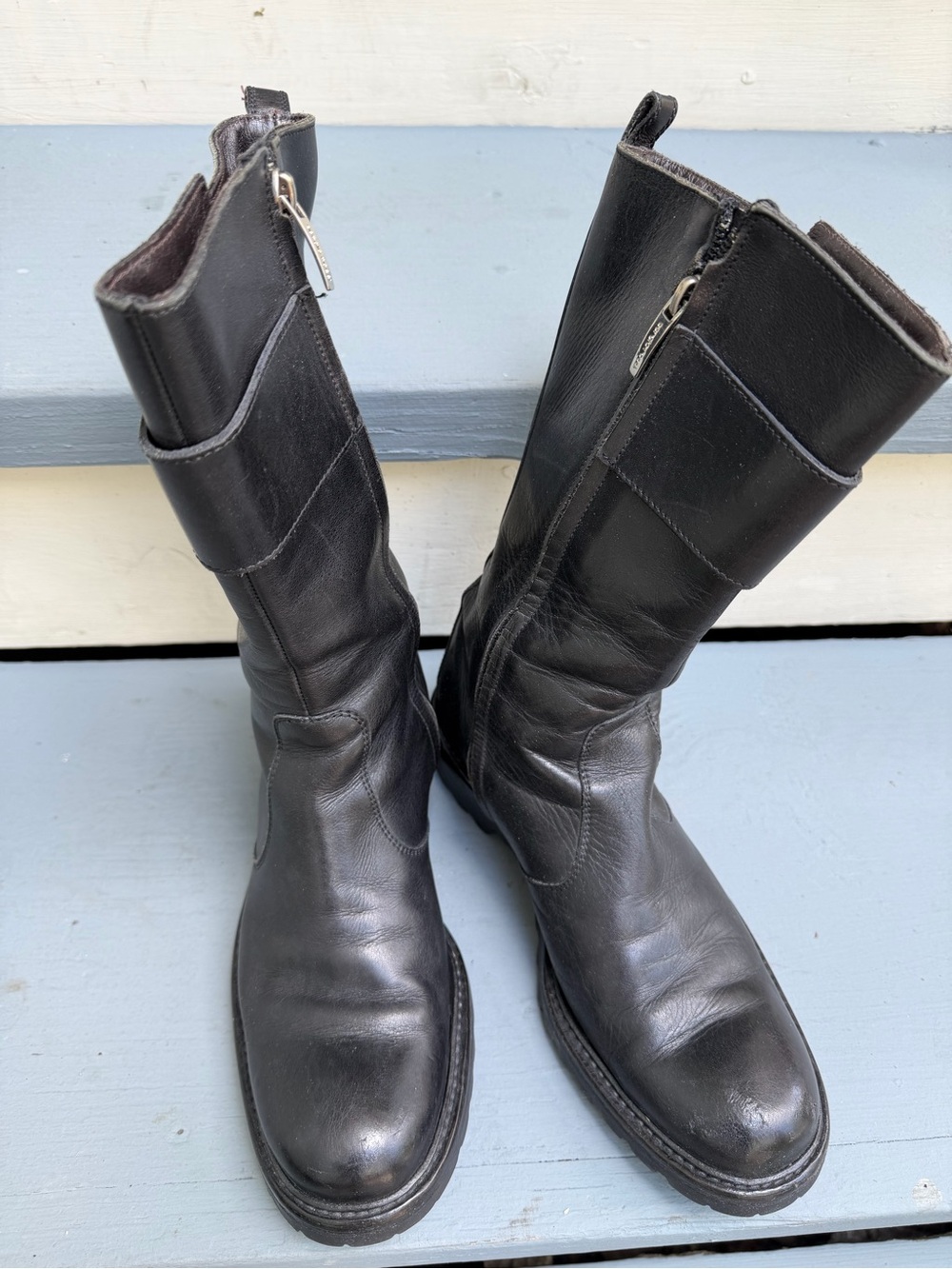 Women’s Black Leather Mid-Calf Zip biker Boots